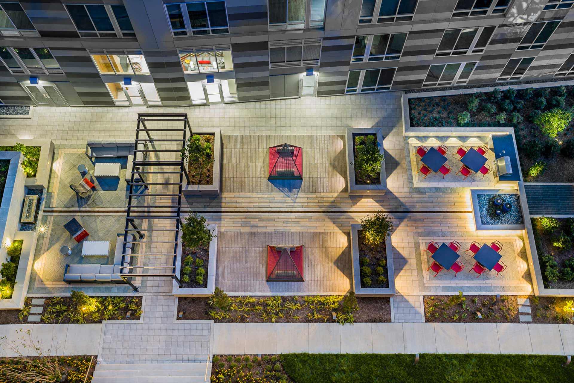 Between each building is a unique pocket park.